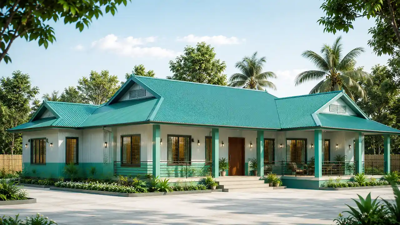 বারান্দাসহ গ্রামীণ রঙিন টিনের ঘর